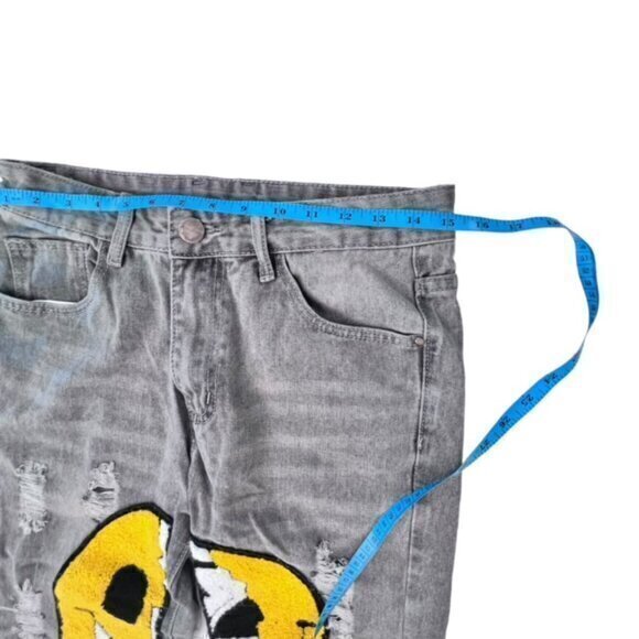 🎉SALE🎉 Distressed Denim Jeans Cartoon Graphic‎ Smiley Face Skull Streetwear 30 - Picture 7 of 14